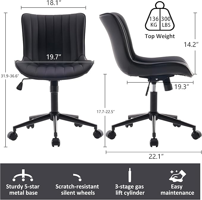 Kidol & Shellder Black Leather Home Office Desk Chair with Wheels Modern Cute Armless Executive Swivel Vanity Chair with Comfy Padded Back Ergonomic Rolling Adjustable Computer Task Chair Small