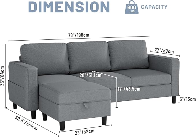 Sectional Sofas Couches for Living Room Convertible 3-Seater 78" L Shaped Couch for Small Spaces, Grey Pet-Friendly Modern Linen Fabric Sofa & Washable Covers for Apartments Studios Dorms