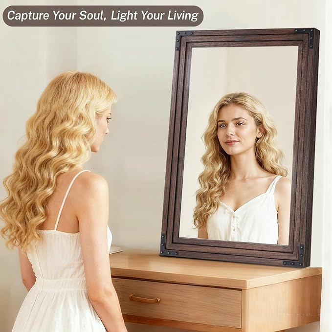 Full Length Mirror 36"x24" Solid Wood Frame Floor Standing Mirror, Hanging or Leaning Wall-Mounted for Living Room, Bedroom, Brown