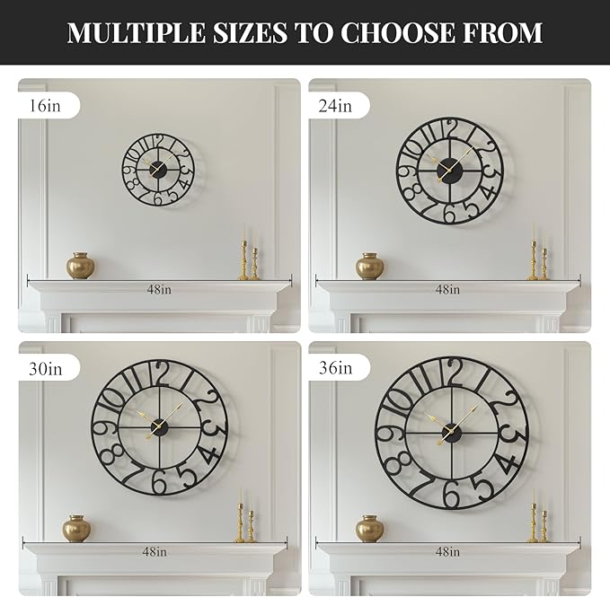 Large Wall Clock, 20 Inch Decorative Wall Clocks for Living Room, Modern Metal Battery-Operated Arabic Numerals Round Black Clock Silent Non Ticking for Kitchen Mantel Bedroom Office