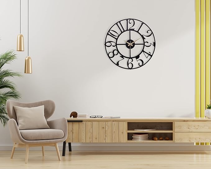Large Metal Wall Clock | 20 inch Size Silent Battery Operated Large Size Analog Black Wall Clocks | Modern Wall Decor for Living Room Bedroom Kitchen Home Office