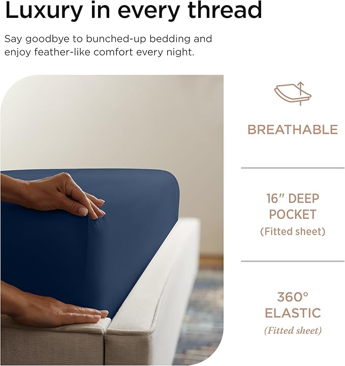 Threadmill 100% Cotton Sheets for Twin XL Size Bed - 600 Thread Count Twin XL Bed Sheets Set with 15” Deep Pocket - Sateen Weave 3-Piece Bedding Set with Cooling Effect, Folkstone Blue
