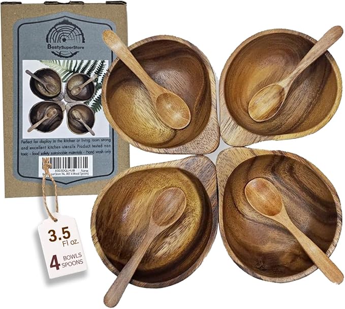 3¾" mini Acacia Wood Bowl with Tip-Supported Holding in small size for Condiments, Dip Sauce, Nuts, Candy, Fruits, Appetizer, and Snacks, Dia 3¾"x 1½" H - Set of 4 (FREE 4 Wood Spoons)