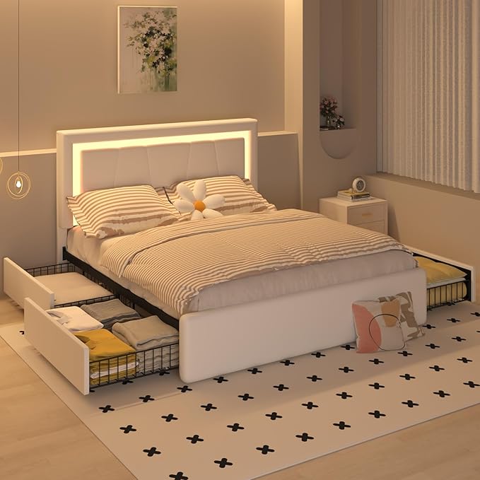 Full Bed Frame with 4 Storage Drawers and Adjustable Headboard, Upholstered Platform Bed with LED Lights and USB Ports, Solid Wooden Slats Support, Faux Leather, Easy Assembly, Beige