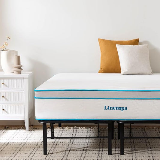 Linenspa 12” Memory Foam and Innerspring Hybrid Mattress + 14” Black Metal Platform Bedframe – Queen Mattress + Metal Folding Queen Bedframe