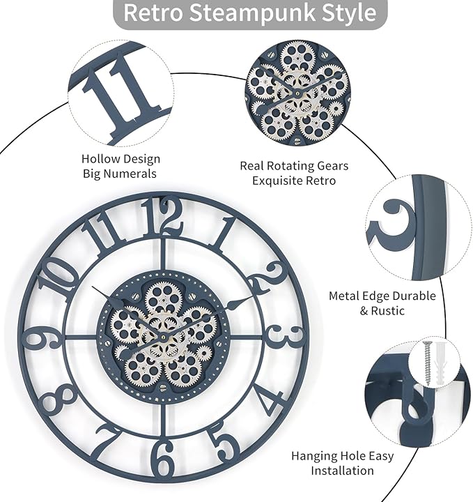 24 Inch Large Wall Clocks for Living Room Decor with Moving Gears,Large Wall Clock Industrial Steampunk,Oversized Metal Analog Wall Clocks for Farmhouse Home Battery Operated