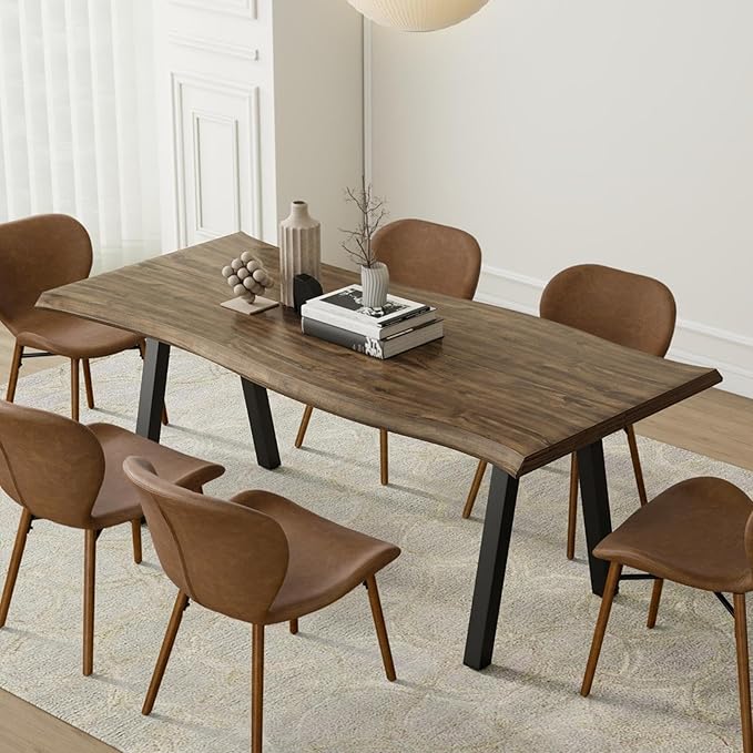 70" L Farmhouse Dining Table for 4-6, Natural Live Edge Tabletop, Large Modern Wood Kitchen Table with Metal Legs, Rectangle Rustic Dining Room Furniture, Easy Assembly & Clean (Brown, Only Table)