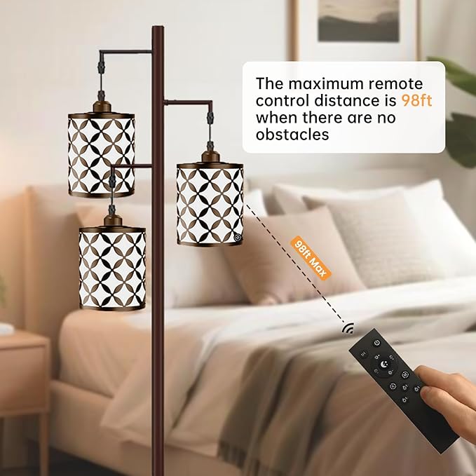 New Upgraded 72" Tall Dimmable Floor Lamp with 3 x 1100LM 12W Bright LED Bulbs, Farmhouse Standing Lamp with Remote Control, Industrial Tree Pole Floor Lamps for Living Room, Bedroom, Office - Brown