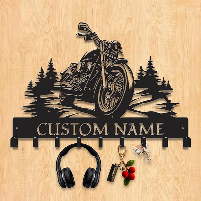 Personalized Motorcycle Metal Key Holder, Custom Last Name Metal Wall Sign, Hanging Storage Rack for Garage and Home Decor (Style-2)