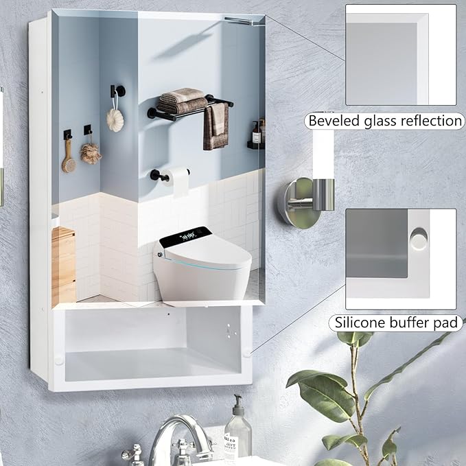 Bathroom Medicine Cabinet with Mirror, 16x26 Inch Platstic Framed Beveled Edge Mirror Cabinet with Removable Shelves, Extra Storage Space, Recessed or Surface Mount