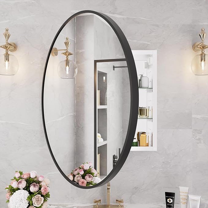 WallBeyond Bathroom Medicine Cabinet with Mirror, 28 Inch Black Round Mirror Medicine Mabinet Wall Mounted with Aluminum Alloy Metal Framed, Surface Mount Medicine Cabinet with Storage