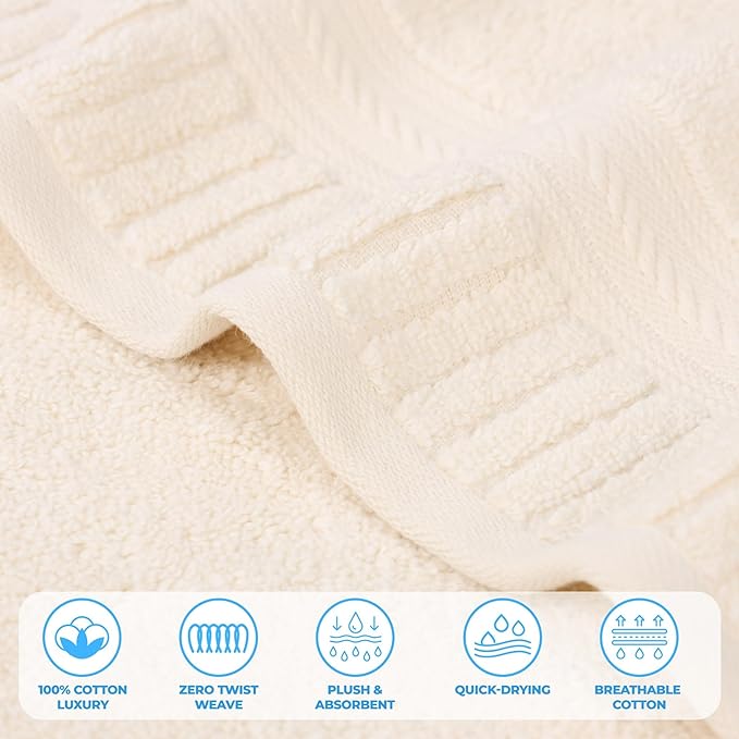 Superior Venice Zero Twist Cotton Medium Weight Towels, for Guest Bath, Bathroom, Shower, Spa, Plush Towels, Bath Essentials, Ribbed Textured Border, Bath Towels, Set of 2, Ivory