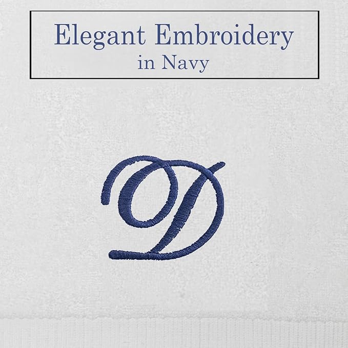 White Monogrammed Hand Towels for Bathroom - Luxury Hotel Quality Personalized Initial Embroidered Towel for Powder Room, Spa - GOTS Organic Certified - Set of 2 Navy Letter D