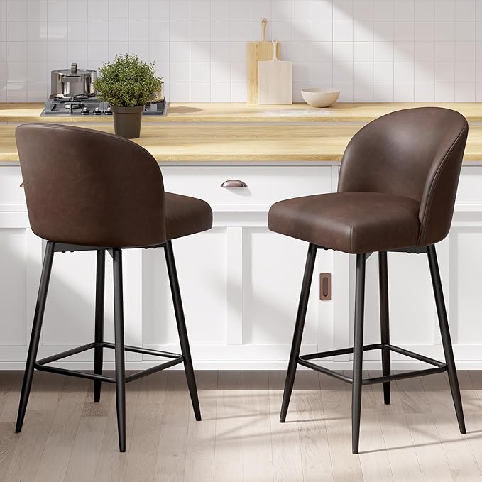 Counter Height Bar Stools Set of 2,360° Swivel Barstools with High Back and Metal Legs,26" Seat Height, Upholstered PU Leather Bar Chairs for Kitchen Island, Dining Room,Cafes,Black Brown
