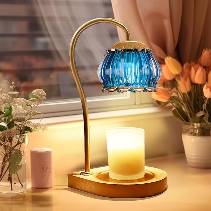 Candle Warmer Lamp with Timer, Dimmable Candle Warmer Lantern Light, Electric Glass Shade Jar Candle Warming Holders for Home Decoration Gift for Women, Dark Blue