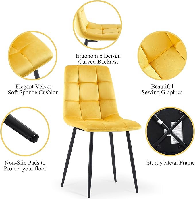 NORDICANA Yellow Velvet Dinner Chairs Set of 6, Modern Armless Biscuit Tufted Dining Side Chairs with Metal Legs for Kitchen Living Room Vanity