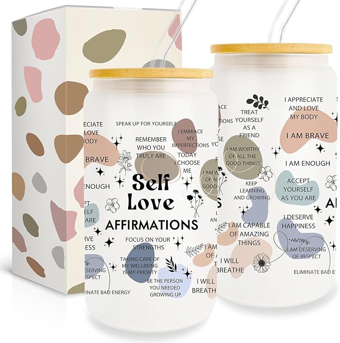 Encouragement Gifts for Women Friends, Inspirational Gifts, Self Love Gift Cup 16 Oz Can Glass Cup With Lid and Straw, Thoughtful Gifts for Women Friends, Positive Little Reminders