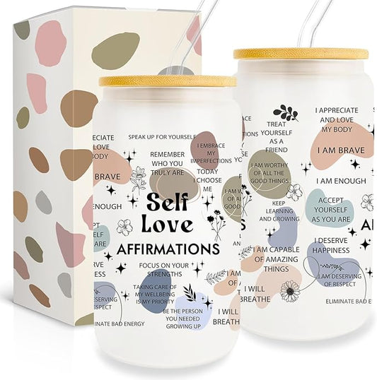 Encouragement Gifts for Women Friends, Inspirational Gifts, Self Love Gift Cup 16 Oz Can Glass Cup With Lid and Straw, Thoughtful Gifts for Women Friends, Positive Little Reminders