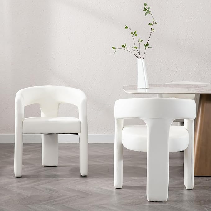 Set of 2 Modern PU Leather Upholstered Dining Chairs with Open-Back, Cute Barrel Side Chairs Kitchen Armchair Accent Chairs for Dining Room Bedroom, White