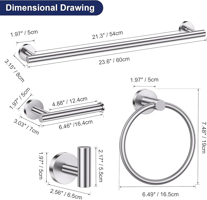 Lairuier Brushed Nickel Bathroom Hardware Set, 10-Piece Towel Bar Set SUS304 Stainless Steel Bathroom Hardware Accessories Set Round Towel Holder Set Wall Mounted