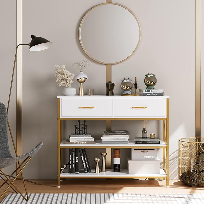 HITHOS Industrial Console Table with Drawers, Vintage Hallway Foyer Table with Storage Shelves, Narrow Long Sofa Entryway Table for Living Room, White/Gold
