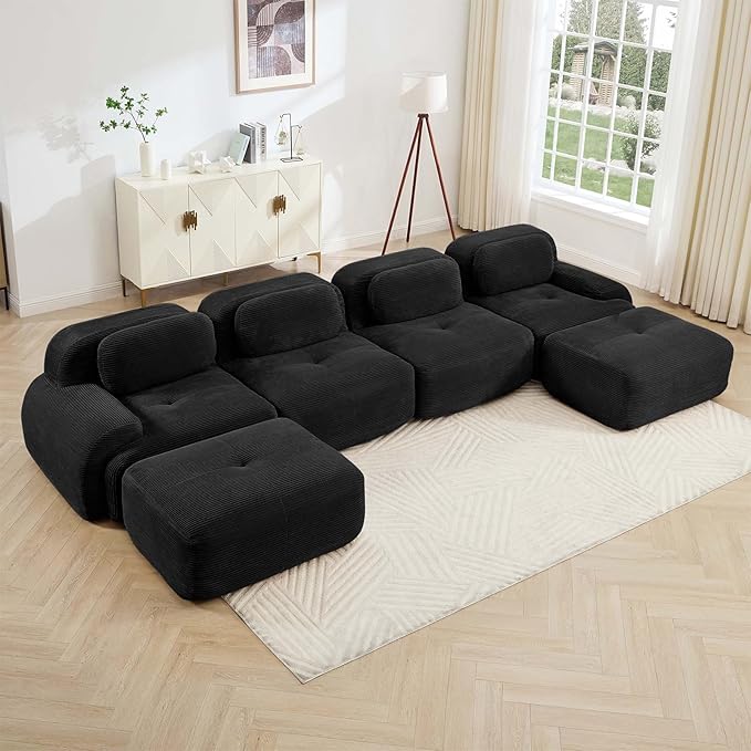 152" Modern Compressed Boneless Couch with Ottoman, 4 Seater Large U Shaped Sectional Couches for Living Room, Black Corduroy Cloud Modular Sectional Sofa, Memory Foam, Extra Deep, No Assembly