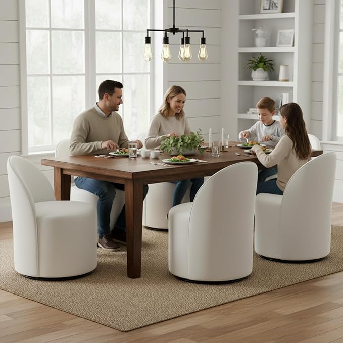 Modern Barrel Dining Chairs Set of 4, Swivel Base White Accent Chair 360°Rotating Vanity Chair Mid-Century Dining Side Chair Kitchen Chair for Living Room, Bedroom, Home, Office, Kitchen