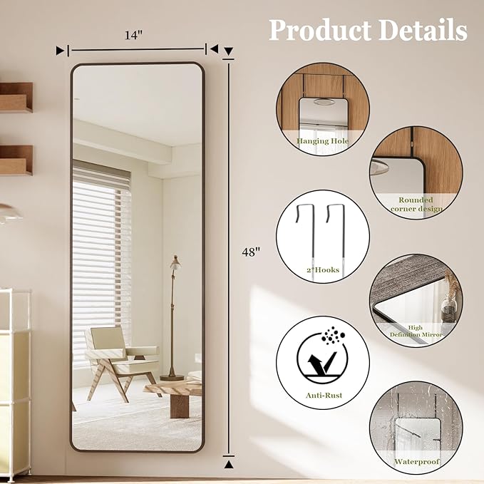 BEAUTYPEAK 14"x48" Full Length Over The Door Mirror, Aluminum Alloy Frame Full Body Mirror with Height-Adjustable Hangers, Hanging Mirrors for Bedroom, Living Room, Bathroom, Black