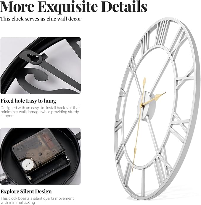 Cuspin 20 Inch Wall Clock Large Silver Decorative Clocks, Modern Metal Round Wall Clock Battery-Operated Roman Numerals for Living Room Bedroom, Kitchen, Office Decor