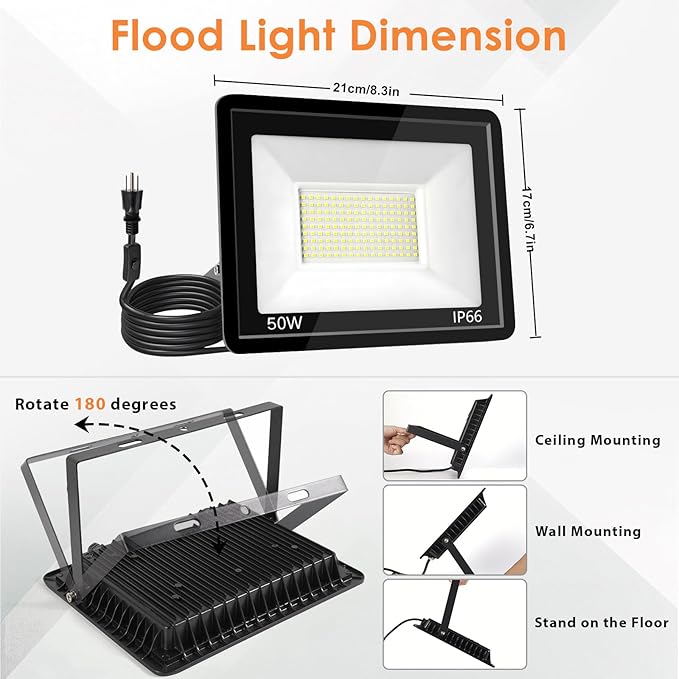 50W LED Flood Light Outdoor 6500K Daylight White,12000LM Super Brighter LED Work Light,IP66 Waterproof Security Light with Switch and Plug for Garage, Garden, Yard, Stadium