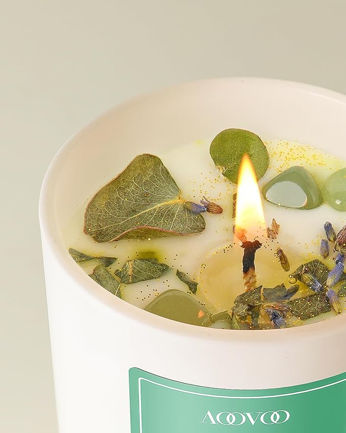 AOOVOO Eucalyptus Mint Scented Candles for Women - Aromatherapy Candle with Crystals Inside, 10oz Soy Candles for Home Scented, Birthday Gifts Christmas Candle for Women Mom