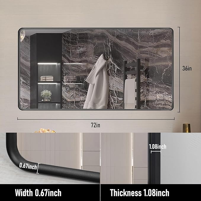 Silver Framed Mirrors for Bathroom,72 x 36 Inch Rounded Conner Rectangle Mirror for Wall, Matte Silver Vanity Mirror with Tempered Glass,Hangs Horizontally or Vertically