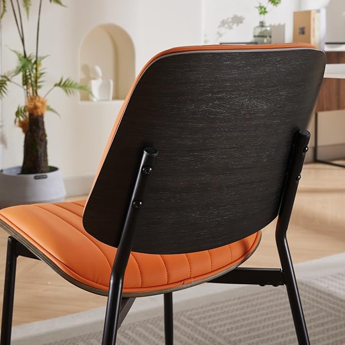 Dining Chairs Set of 2, Mid Century Modern Dining Room Chairs, Upholstered PU Leather Vertical Stripe Kitchen Chair with Walnut Bentwood and Metal Legs, Orange