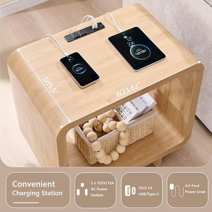 23.6" Modern End Table Set of 2, 2 Tier Side Table with Charging Station, Simple Bedside Table with Open Storage Shelf, Outlet, Wooden Nightstand for Bedroom, Living Room, Study, Natural Oak