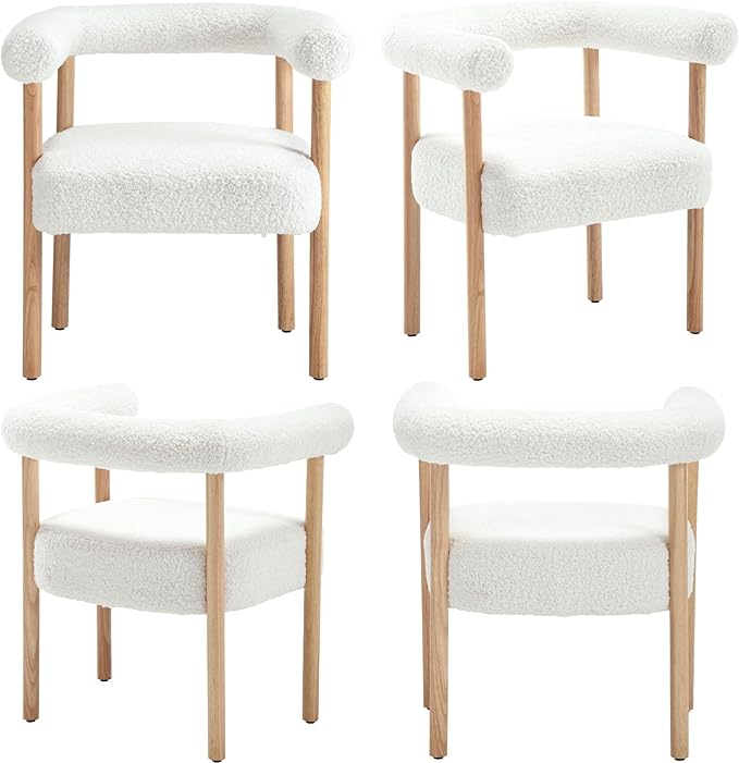 Mid-Century Modern Dining Chairs Set of 2 Armrest Barrel Dining Chairs Side Chairs with Curved Back, Upholstered Wood Armchairs for Kitchen, Sherpa White