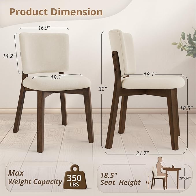 LUE BONA Wooden Dining Chairs Set of 2, Comfortable Wide Back Kitchen Side Chairs, Strong Thick Legs for Modern Farmhouse Dining Room, Linen Upholstered and Dark Brown Legs