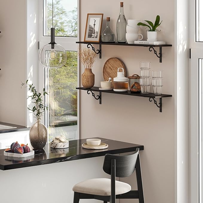 DINZI LVJ Long Wall Shelves, 23.6" Large Floating Shelves Set of 2, Farmhouse Display Shelf Wall Mounted with Heavy Duty Brackets, Easy Assembly for Kitchen, Bathroom, Bedroom, Balcony, Espresso