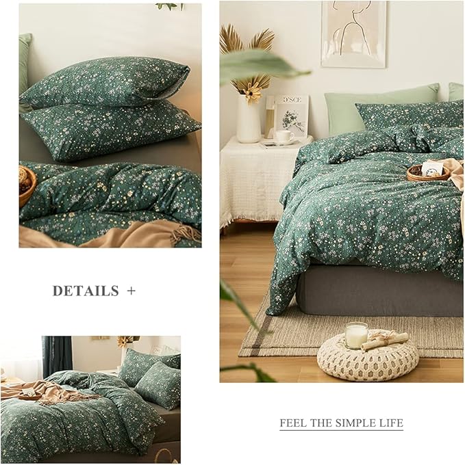 LifeTB Green Floral 100% Jersey Knit Cotton Duvet Cover Queen Vintage Style Botanical Floral Bedding Set Chic Shabby Green Floral Comforter Cover Girl Women Flower Bedding Cover with 2 Pillowcases