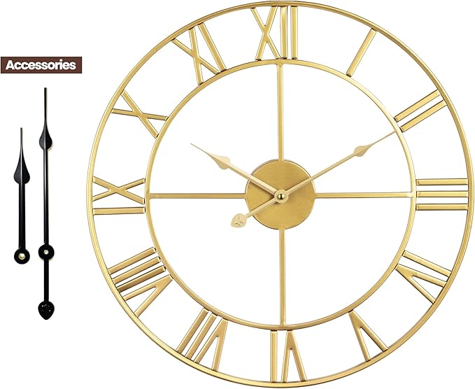 1st owned Large Wall Clock Metal Retro Roman Numeral Clock, Modern Round Wall Clocks Almost Silent, Easy to Read for Living Room/Home/Kitchen/Bedroom/Office/School Decor (Gold, 24 Inch)