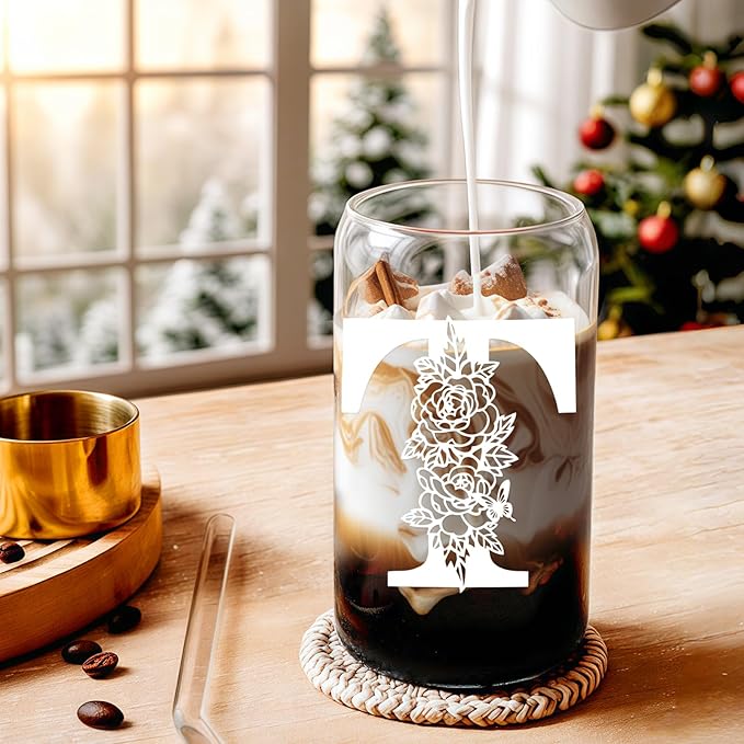 DWTS DANWEITESI Birthday Gifts for Women: Initial Glass Cup as Office Graduation Memorial Holiday Personalized Gifts - for Husband Aunt Uncle Teen Boy Employee Coworkers Him and Her - T Aesthetic Cup