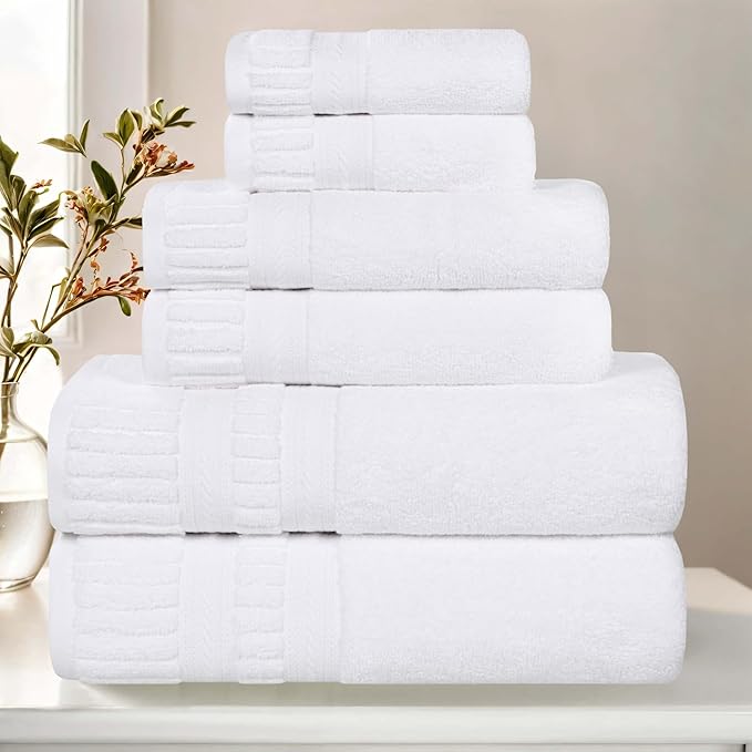 Superior Venice Zero Twist Cotton Medium Weight Towels, for Guest Bath, Bathroom, Shower, Spa, Plush Towels, Bath Essentials, Ribbed Textured Border, 6 Piece Assorted Towel Set, White