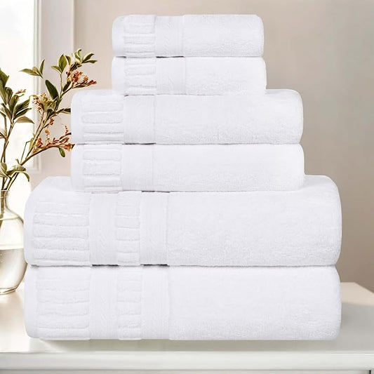 Superior Venice Zero Twist Cotton Medium Weight Towels, for Guest Bath, Bathroom, Shower, Spa, Plush Towels, Bath Essentials, Ribbed Textured Border, 6 Piece Assorted Towel Set, White