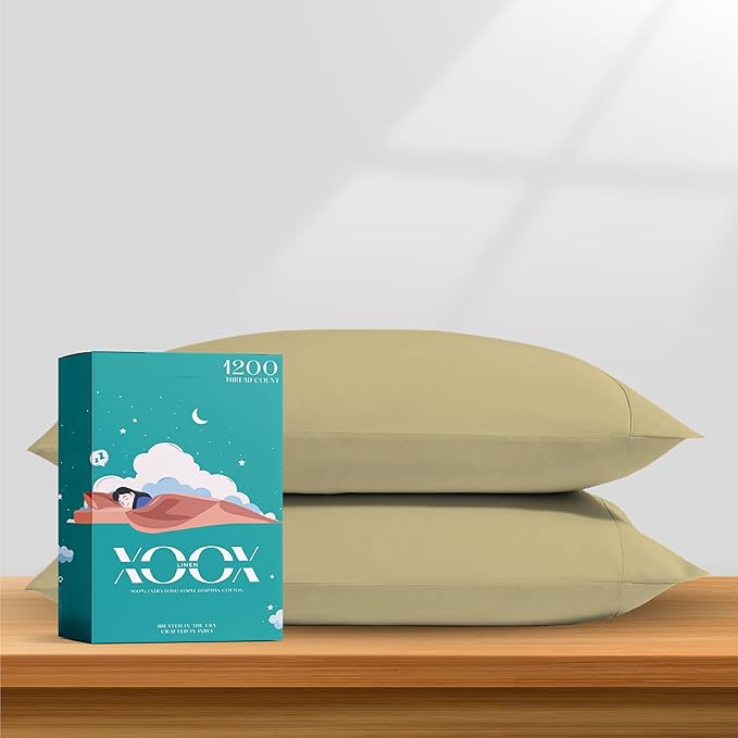 XOOX Linen 100% Egyptian Cotton Pillow Cases Standard/Queen Size Set of 2 - Luxury 1200 Thread Count Sateen Beige Pillow Cases, Silky Soft Cooling Pillowcases Fits Standard & Queen Size Pillows