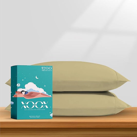 XOOX Linen 100% Egyptian Cotton Pillow Cases Standard/Queen Size Set of 2 - Luxury 1200 Thread Count Sateen Beige Pillow Cases, Silky Soft Cooling Pillowcases Fits Standard & Queen Size Pillows