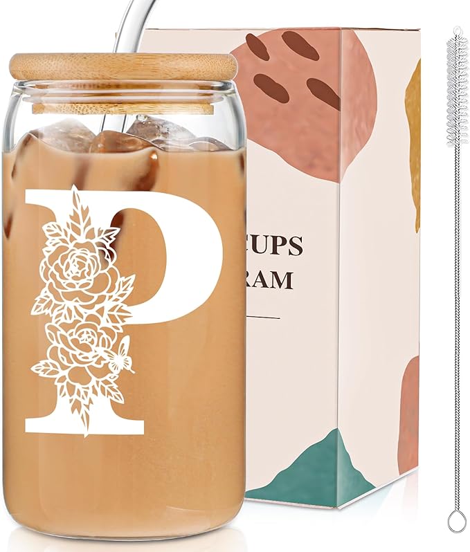 DWTS DANWEITESI Birthday Gifts for Women: Initial Glass Cup as Office Graduation Memorial Holiday Personalized Gifts - for Husband Aunt Uncle Teen Boy Employee Coworkers Him and Her - P Aesthetic Cup