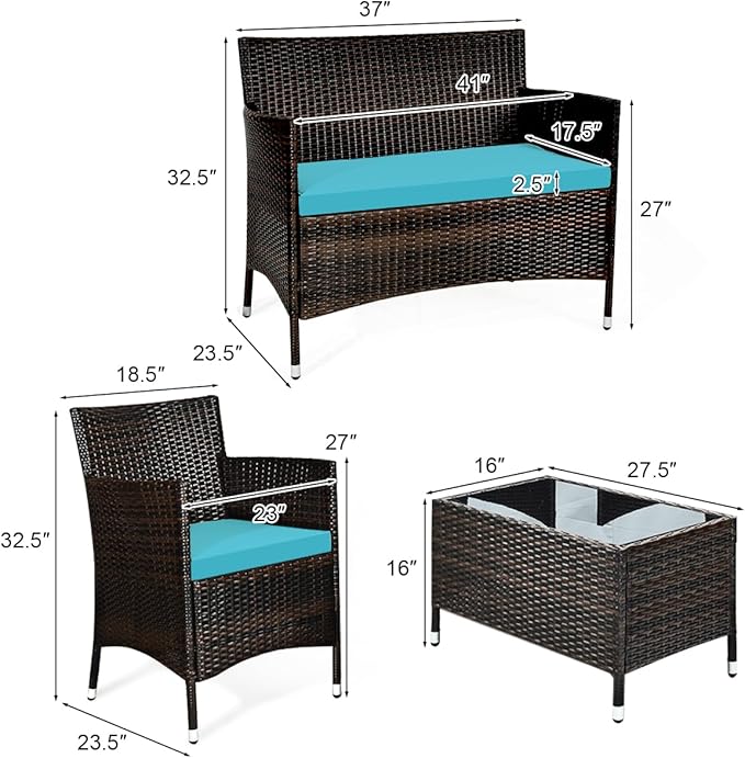 Tangkula 4 Pieces Patio Rattan Conversation Set with Tempered Glass Coffee Table & Thick Cushion, Wicker Chair Set for Garden, Lawn, Poolside and Backyard