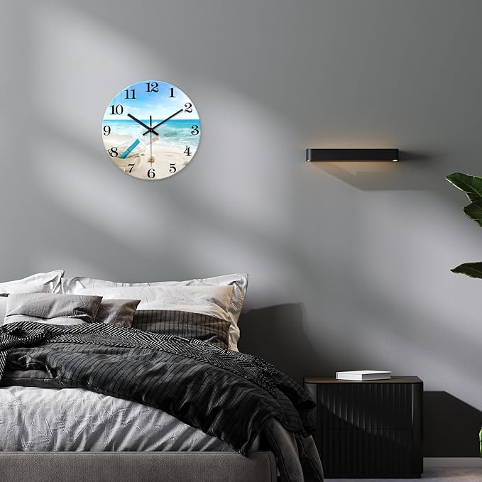 XNM Coastal Blue Clock for Kitchen 14 Inch Glass Analog Wall Clocks Battery Operated Round Silent Wall Clock Non Ticking