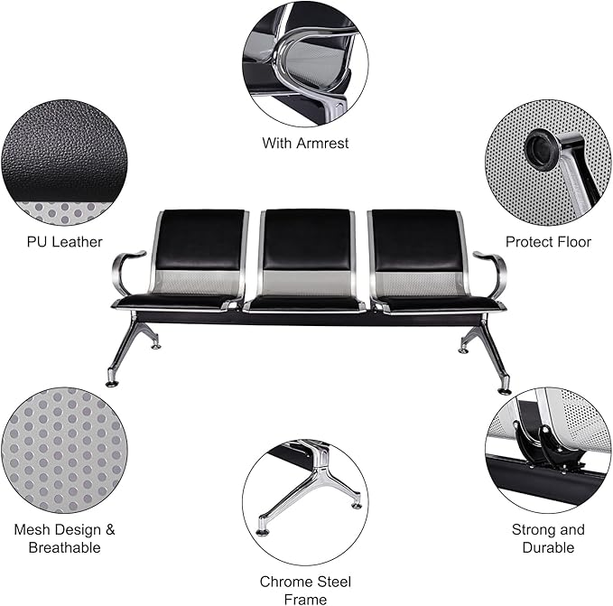 Kinfant 3-Seat Waiting Room Bench Set - PU Leather Office Chair Guest Reception Waiting Room Chair for Airport, Hospital, Bank, Salon, Barbershop(Black, Set of 2)
