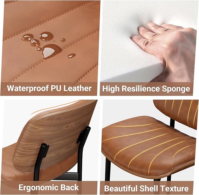 Dining Chairs Set of 6, Mid-Century Modern Upholstered PU Leather Chairs with Walnut Bentwood Back and Metal Legs Adjustable Feet for Kitchen Dining Room, Camel Shell Strips