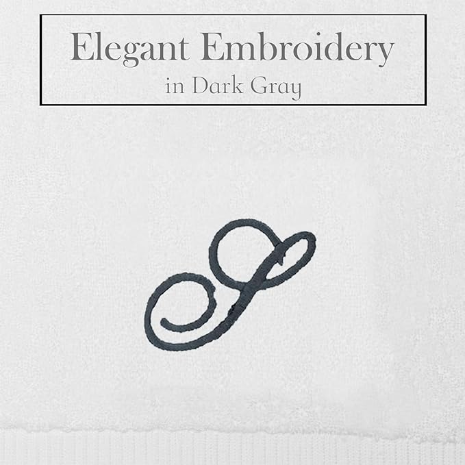White Monogrammed Hand Towels for Bathroom - Luxury Hotel Quality Personalized Initial Embroidered Towel for Powder Room, Spa - GOTS Organic Certified - Pack of 2 Dark Gray, Letter S